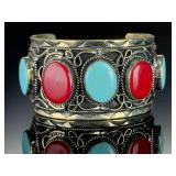 Vintage Mexican Silver Turquoise Coral Cuff Bracelet Hecho En Mexico SS 82g