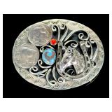 Vintage Southwest Western Buffalo Nickel Belt Buckle, Turquoise, Coral