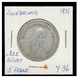 1931 Switzerland 5 Francs Silver Coin, Helvetia, Rare 'B' Mint Mark