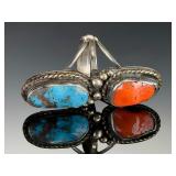 Vintage Navajo Silver Turquoise Coral Ring | Size 7.75 | 17g