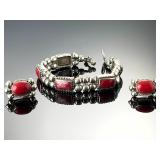 Vintage Mexican Sterling Silver Red Coral Bracelet & Earrings Set Taxco TB-167
