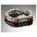 Vintage Mexican Sterling Silver Red Coral Bracelet & Earrings Set Taxco TB-167