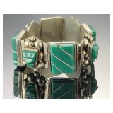 Vintage Mexican Sterling Silver Carved Green Onyx Mayan Mask Bracelet 925