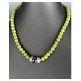 Nephrite Jade Amethyst Peridot Bead Statement Necklace Sterling Silver Clasp