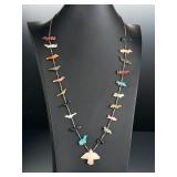 Vintage Zuni Fetish Necklace Multi-Stone Carved Animals Bird Pendant 29in