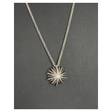 Vintage Italian Sterling Silver Diamond Starburst Pendant Necklace 29.5in