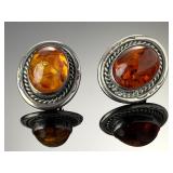 Navajo Sam Piaso Sterling Silver Amber Clip-On Earrings Native American Art