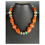 Chunky Carnelian & Turquoise Southwestern Silver Accent Statement Necklace 20'