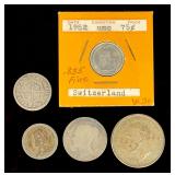 5-Coin Silver Lot: 1737 Spanish Real, UK Victoria, Australia Florin, Swiss, Dutch