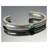 Navajo Sterling Silver Malachite Cuff Bracelet Signed SA Native American