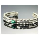 Navajo Sterling Silver Malachite Cuff Bracelet Signed SA Native American