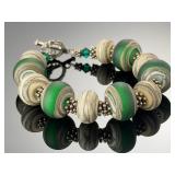 Artisan Handmade Lampwork Glass Toggle Bracelet Green Earthy Swirl Beads 8'