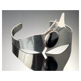 Vintage Taxco Mexican Sterling Silver Black Onyx Modernist Cuff Bracelet TB-41