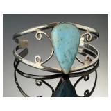 Sterling Silver Natural Larimar Teardrop Cuff Bracelet 925 Fine Jewelry