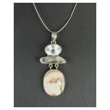 Modernist 925 Sterling Silver Ocean Jasper & Clear Quartz Totem Necklace