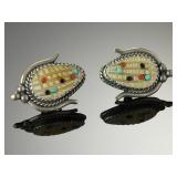 Zuni Sterling Silver Corn Inlay Earrings Mother of Pearl Turquoise Coral TB Z