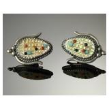 Zuni Sterling Silver Corn Inlay Earrings Mother of Pearl Turquoise Coral TB Z