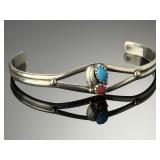 Vintage Navajo Sterling Silver Turquoise Coral Cuff Bracelets Lot of 2