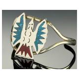 Vintage Native American Silver Turquoise Coral Hummingbird Chip Inlay Cuff