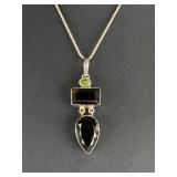 Sterling Silver Smoky Quartz & Peridot Pendant Necklace, Italy 925 Chain