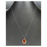 Native American Sterling Silver Fire Agate Pendant Necklace 19.5 Inches Signed