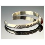 Native American Sterling Silver Carnelian Cuff Bracelet Signed HC Hand-Stamped