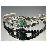 Fred Harvey Era Native American Silver & Green Turquoise Cuff Bracelet