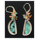 Boho Sterling Silver Spiderweb Turquoise Cluster Dangle Earrings