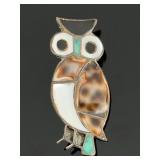Zuni Multi-stone Inlay Owl Pin Brooch, Vintage