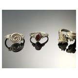 Vintage Sterling Silver Garnet Ring, Ram Head & Spiral Wire Rings - Lot of 3