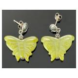 Carved Serpentine Jade Butterfly Earrings Sterling Silver Whimsical Boho Studs