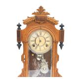Antique Oak Gingerbread Parlor Clock - Etched Bird Glass, Key & Pendulum