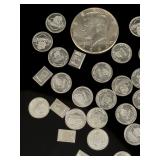 999 Fine Silver 1 Gram Bullion Rounds, Bars & 1964 Kennedy Half Dollar Lot