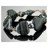 Zebra Jasper Heart Toggle Bracelet 7' Artisan Beaded Silver Tone