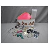 Costume Jewelry Lot with Basket and Case