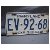 1962 Maryland License Plate EV-92-68