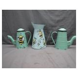 Three Hand-Painted Enameled Metal Jugs