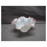 White and Pink Ruffled Glass Bowl