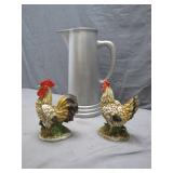 Ceramic Rooster Pair and Metal Pitcher Set