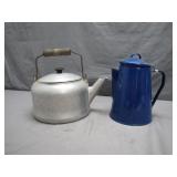Duo of Aluminum Kettle and Blue Coffee Pot