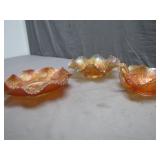Iridescent Carnival Glass Trio With Floral Motif