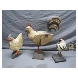 Charming Trio of Hand-Carved Wooden Chickens