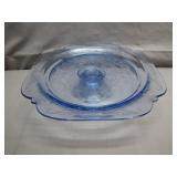 Blue Glass Etched Cake Plate With Pedestal