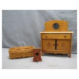 Miniature Doll Dresser Set With Basket & Birdhouse