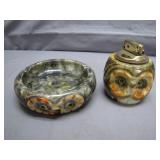 Carved Owl Marble Lighter and Ashtray Set