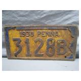 1938 Pennsylvania License Plate ï¿½ No. 3128B