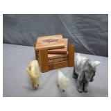 Carved Animal Figurines and Wooden Coaster Set