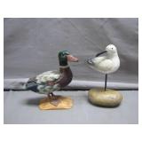 Hand-Carved Wooden Duck and Seagull Pair