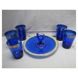 Cobalt Glass Tumbler and Plate Set with Gold...