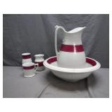 Pitcher and Basin Set with Red Band Accents